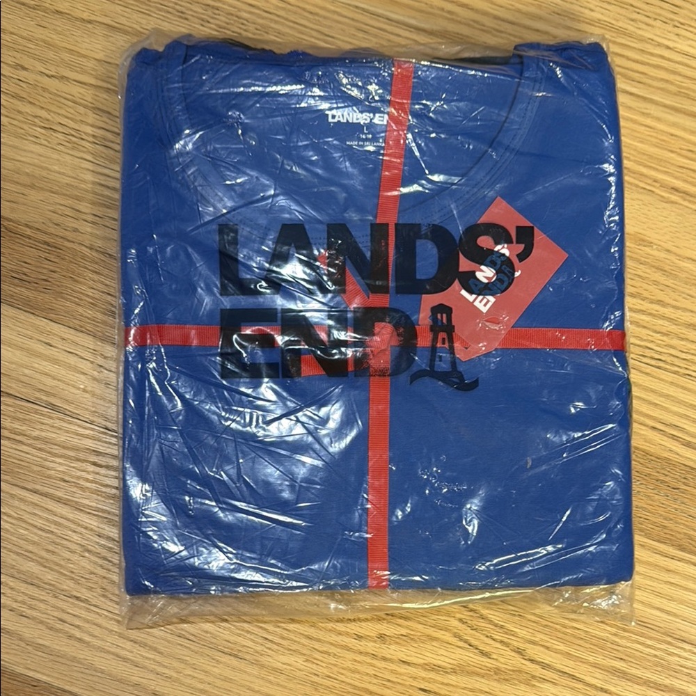 Lands' End green and blue flannel long bottoms with blue long sleeve top.